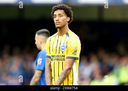 Liverpool, Großbritannien. August 2024. Joao Pedro von Brighton & Hove Albion sieht zu. Premier League Spiel Everton gegen Brighton & Hove Albion im Goodison Park in Liverpool am Samstag, den 17. August 2024. Dieses Bild darf nur für redaktionelle Zwecke verwendet werden. Nur redaktionelle Verwendung, Bild von Chris Stading/Andrew Orchard Sportfotografie/Alamy Live News Credit: Andrew Orchard Sportfotografie/Alamy Live News Stockfoto