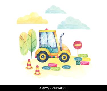 Gabelstapler auf einer Baustelle, umgeben von Bäumen, Straßenschildern und einem Kegel. Fahrzeugspielzeug Watercolor Clipart zur Verwendung in Sicherheitsmaterialien, Kindererziehung oder Transportdesigns Stockfoto