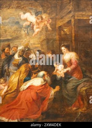 Peter Paul Rubens Gemälde, „die Anbetung der Könige“, 1633–34; Kings College Chapel Cambridge UK. Kunst aus dem 17. Jahrhundert, flämische Barocktradition Stockfoto