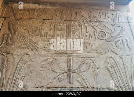 Zwillingsuraeus oder heilige Kobras segnen die Kartusche des Ptolemaios VI. Philometer in diesem Wandrelief am Tempel des Sobek und Haroeris, der im 2. Jahrhundert v. Chr. von Ptolemaios Pharoahs in KOM Ombo in der Nähe von Assuan, Ägypten, erbaut wurde Stockfoto