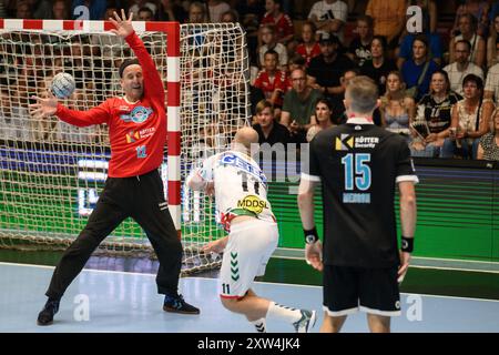 Silvio Heinevetter (ThSV Eisenach, Nr. 12), Pettersson, Daniel (SC Magdeburg, Nr. 11), Simone Mengon (ThSV Eisenach, #15) GER, ThSV Eisenach gegen SC Magdeburg, Handball, Diakin 1. Handballbundesliga Maenner, 2.Wartburg Cup, Spielzeit 2024/2025, Samstag, 17.08.2024, 18.30Uhr, Thüringen Foto: Eibner-Pressefoto/Martin Herbst Stockfoto