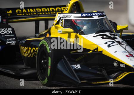 Toronto, ON, USA. Juli 2024. COLTON HERTA (26) aus Valencia, Kalifornien, fährt während eines Trainings für die Ontario Honda Dealers Indy Toronto auf den Straßen von Toronto WEITER. (Kreditbild: © Walter G. Arce Sr./ASP via ZUMA Press Wire) NUR REDAKTIONELLE VERWENDUNG! Nicht für kommerzielle ZWECKE! Stockfoto