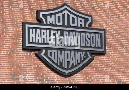 Milwaukee - 14. August 2024: Hauptquartier von Harley Davidson, 3700 Juneau Avenue. Harley Davidson ist der führende Hersteller legendärer Motorräder. Stockfoto