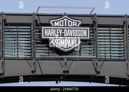 Milwaukee - 14. August 2024: Hauptquartier von Harley Davidson, 3700 Juneau Avenue. Harley Davidson ist der führende Hersteller legendärer Motorräder. Stockfoto