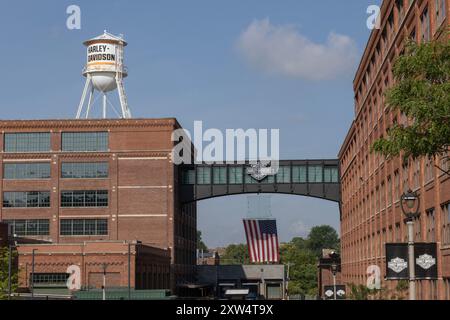 Milwaukee - 14. August 2024: Hauptquartier von Harley Davidson, 3700 Juneau Avenue. Harley Davidson ist der führende Hersteller legendärer Motorräder. Stockfoto