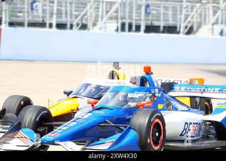 Madison, IL 16. August 2024: 8. Jährliches INDYCAR-Rennen der Bommarito Automotive Group 500 auf der WWTR-Rennstrecke. Übungssitzung. Stockfoto