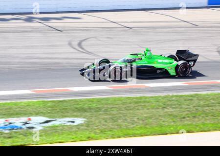 Madison, IL 16. August 2024: 8. Jährliches INDYCAR-Rennen der Bommarito Automotive Group 500 auf der WWTR-Rennstrecke. Übungssitzung. Stockfoto