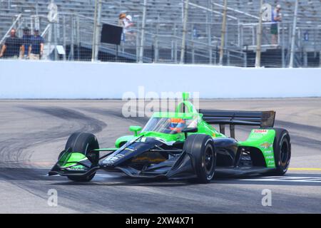 Madison, IL 16. August 2024: 8. Jährliches INDYCAR-Rennen der Bommarito Automotive Group 500 auf der WWTR-Rennstrecke. Übungssitzung. Stockfoto