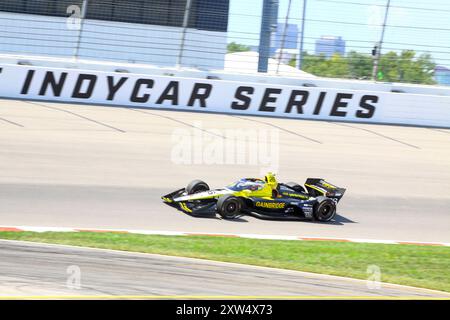 Madison, IL 16. August 2024: 8. Jährliches INDYCAR-Rennen der Bommarito Automotive Group 500 auf der WWTR-Rennstrecke. Übungssitzung. Stockfoto