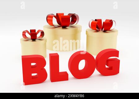 Luxuriöses Blog mit roter Beschriftung auf grauem Podium, sanftes Licht, Vorderansicht mit glattem Hintergrund, 3D-Rendering Stockfoto