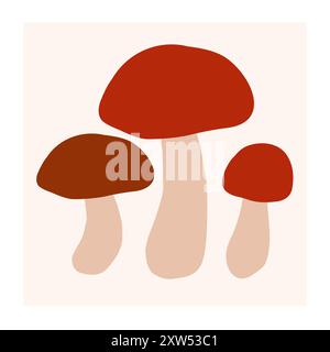 Drei stilisierte Pilze mit variierenden roten und braunen Kappen in minimalistischem Design auf hellem Hintergrund Stock Vektor