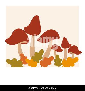 Bunte Illustration von Pilzen und Herbstblättern auf hellem Hintergrund Stock Vektor