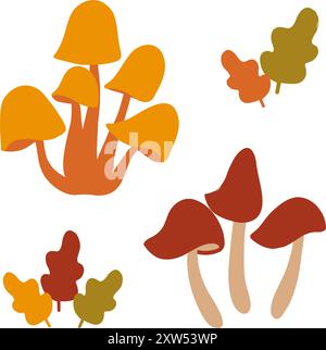 Farbenfrohe Pilze und Blätter in einem skurrilen Stil im Herbst Stock Vektor