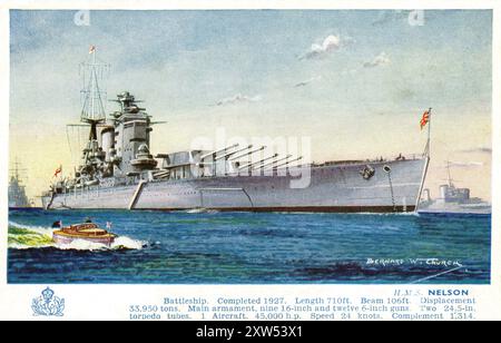 Eine Vintage-Postkarte aus dem Zweiten Weltkrieg, die das Schlachtschiff der Royal Navy, HMS Nelson, darstellt, verziert mit einem farbenfrohen Bild des Schiffes, das von einem Kunstwerk von Bernard W. Church reproduziert wurde. Stockfoto