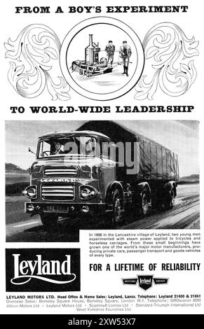 Eine Werbung für den britischen Nutzfahrzeughersteller Leyland Motors Limited aus dem Jahr 1965 mit dem Slogan „vom Experiment eines Jungen zur weltweiten Führung – für ein Leben der Zuverlässigkeit“. Die Anzeige zeigt einen Leyland Beaver Truck Mitte der 1960er Jahre. Stockfoto