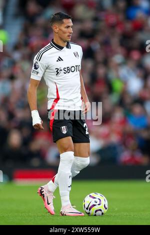 Fulham Mittelfeldspieler Sasa Lukic (20) während des Spiels Manchester United FC gegen Fulham FC English Premier League in Old Trafford, Manchester, England, Großbritannien am 16. August 2024 Credit: Every Second Media/Alamy Live News Stockfoto