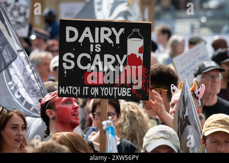 London, Großbritannien. August 2024. Aktivistinnen und AktivistInnen der Tierrechte an der Basis veranstalten den jährlichen National Animal Rights march vom Marble Arch bis zum Parliament Square, um den Tierschutz zu fördern, Tierausbeutung und Grausamkeit aus ethischen und ökologischen Gründen entgegenzutreten und ein pflanzliches Lebensmittelsystem zu fordern. Quelle: Ron Fassbender/Alamy Live News Stockfoto