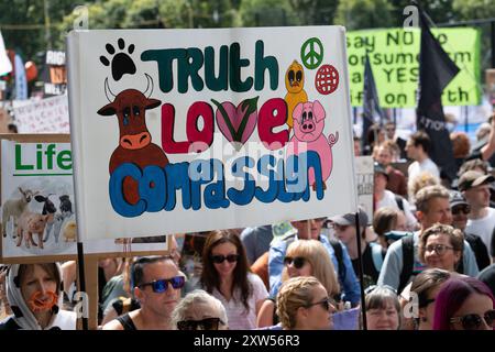 London, Großbritannien. August 2024. Aktivistinnen und AktivistInnen der Tierrechte an der Basis veranstalten den jährlichen National Animal Rights march vom Marble Arch bis zum Parliament Square, um den Tierschutz zu fördern, Tierausbeutung und Grausamkeit aus ethischen und ökologischen Gründen entgegenzutreten und ein pflanzliches Lebensmittelsystem zu fordern. Quelle: Ron Fassbender/Alamy Live News Stockfoto