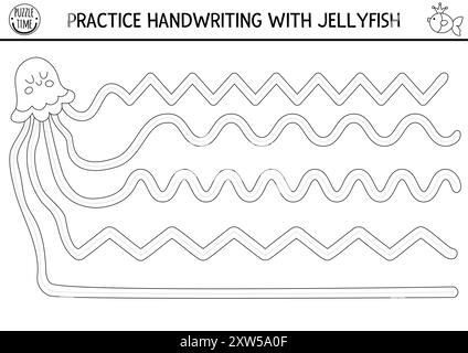 Vektorhandschrift Übungsblatt mit Quallen und gestrichelten Linien in Tentakeln. Ocean Kingdom druckbare Schwarzweiß-Aktivität für Kinder. Tracing Stock Vektor