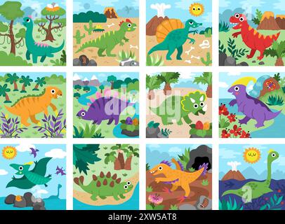 Vektor Dinosaurier quadratische Szenen Sammlung Dino Landschaft Illustration Pack für Kinder. Niedliche prähistorische Szenen mit Spinosaurus, Velociraptor, Pterod Stock Vektor