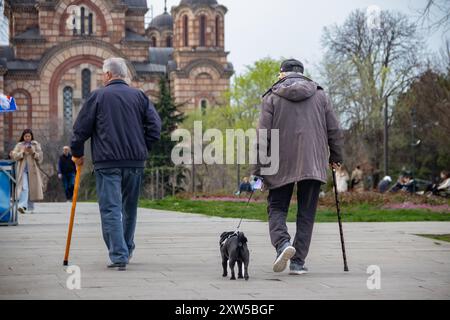 Zwei ältere Senioren spazieren in einem Park mit Stangen, einer begleitet von einem Hund, mit der Markuskirche in Belgrad als malerischer Kulisse Stockfoto