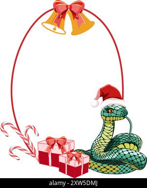 Weihnachtsrahmen mit Schlange, Geschenken, Zuckerstangen und Glocken. Vektorabbildung Stock Vektor