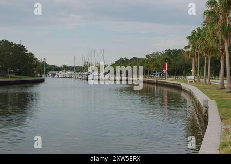 S-Kurve des Seawall auf der rechten Seite mit grünen Palmen. Blick auf die Gulfport Marina an einem sonnigen Tag. Ruhiges Wasser mit Booten und Bäumen im Hintergrund. Stockfoto