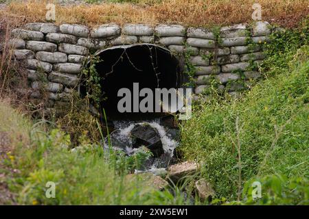 Wind wehendes Gras, wenn Wasser aus einem Metallrohr mit grünem Gras an den Seiten in einen Fluss fließenden Wassers an einem sonnigen Tag fließt. Über Felsen Stockfoto