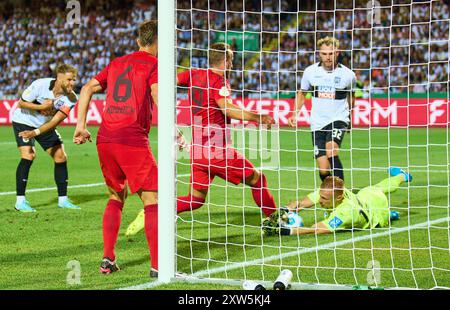 Harry Kane, FCB 9 tritt um den Ball an, Tackling, Duell, Header, zweikampf, Action, Kampf gegen Marvin Seybold, Torhüter SSV Ulm 12 im Spiel SSV ULM - FC BAYERN MÜNCHEN 0-4 DFB-Pokal, Deutscher Fußball-Cup, 1.Runde am 16. August 2024 in Ulm. Saison 2024/2025 Fotograf: Peter Schatz - DFB-VORSCHRIFTEN VERBIETEN JEDE VERWENDUNG VON FOTOGRAFIEN als BILDSEQUENZEN und/oder QUASI-VIDEO - Stockfoto