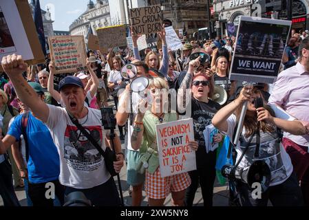 London, Großbritannien. August 2024. Während der Demonstration sangen Demonstranten Slogans vor dem Angus Steakhouse. Hunderte Aktivisten versammelten sich zum National Animal Rights March in London, Großbritannien. Tierschutzorganisationen organisierten einen Protest, um die Tierbefreiung zu fordern. Demonstranten marschierten vom Marmorbogen zum Parlamentsplatz. Quelle: SOPA Images Limited/Alamy Live News Stockfoto