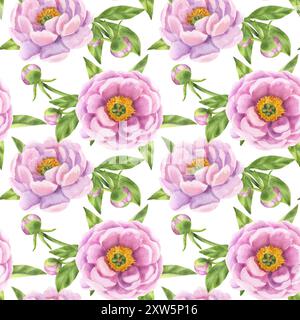 Nahtloses Muster mit Pfingstrosenblüten. Blumenmuster mit rosafarbenen Knospen und grünen Blättern. Handgezeichneter Aquarellhintergrund. Für Designtextilien Stockfoto