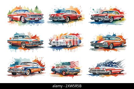 Aquarell Oldtimer Vektor Illustration, Oldtimer isoliert auf einem weißen Hintergrund. Retro-Autos. Stock Vektor