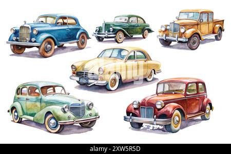 Vintage-Autos mit Aquarell auf weißem Hintergrund. Retro-Autos. Vektor-Illustration, Oldtimer Stock Vektor