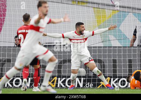 LEVERKUSEN - Deniz Undav vom VfB Stuttgart feiert das 1-2 während des DFL-Super-Cup-Spiels zwischen Bayer 04 Leverkusen und VfB Stuttgart am 17. August 2024 in der BayArena in Leverkusen. ANP | Hollandse Hoogte | BART STOUTJESDIJK Stockfoto