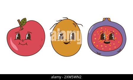 Obst und Beeren im groovigen Stil. Charaktere trendiges Retro-Comic-Maskottchen. Apfelkost-Feige Bannerposter entwerfen. Y2K Hippie 70er, 80er Jahre Vektorabbildung. Stock Vektor