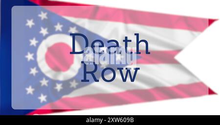 Die Flagge des Bundesstaates Ohio, überlagert mit Text mit der Aufschrift Death Row Stockfoto