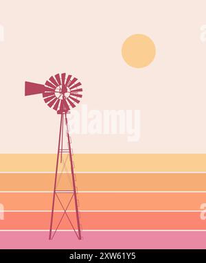 Hier ist ein minimalistisches Bild einer alten Wasserwindmühle auf einem Boho-grafischen Hintergrund mit Sonne und Streifen Stockfoto