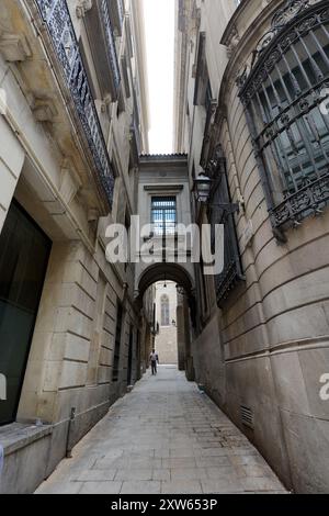 Brücke zwischen Gebäuden im gotischen Viertel in Barcelona, Spanien. Stockfoto