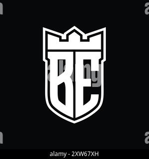 BE Letter-Logo mit Schildform und geometrischer Krone innen mit weißer Umrandung auf schwarzem Hintergrund Stockfoto