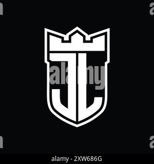 JL Letter Logo mit Schildform und geometrischer Krone innen in weiß umrandet auf schwarzem Hintergrund Stockfoto