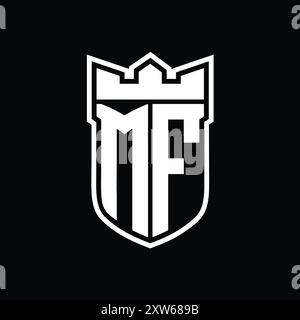 MF-Letter-Logo mit Schildform und geometrischer Krone innen mit weißer Umrandung auf schwarzem Hintergrund Stockfoto