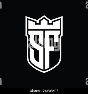 Logo mit SF-Letter in Schildform mit geometrischer Krone in weißer Umrandung auf schwarzem Hintergrund Stockfoto