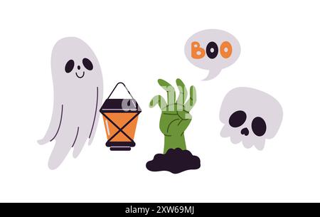 Halloween Party Geist Charaktere und Gegenstände flache Farbe Vektor Symbol Set. Geister, Zombiehand und Schädel Illustrationspaket auf weißem Hintergrund Stock Vektor