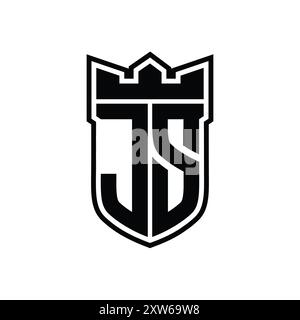 Logo mit JS Letter und Schildform mit geometrischer Krone innen in schwarzer Umrandung auf weißem Hintergrund Stockfoto
