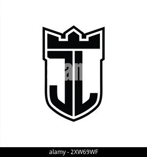 JL Letter Logo mit Schildform und geometrischer Krone innen in schwarzer Umrandung auf weißem Hintergrund Stockfoto