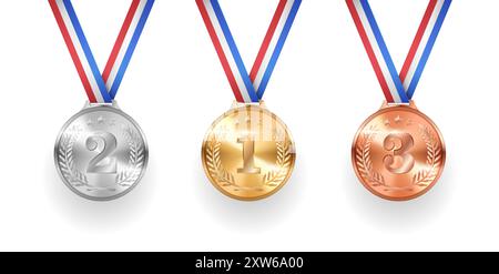 Gold-, Silber- und Bronzemedaillen für Gewinner realistische Vektorillustration. Die Teilnehmer des Olympischen Wettbewerbs Trophäen 3D-Modelle auf weiß Stock Vektor