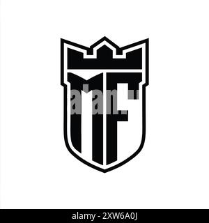 MF-Letter-Logo mit Schildform und geometrischer Krone im schwarzen Umriss auf weißem Hintergrund Stockfoto