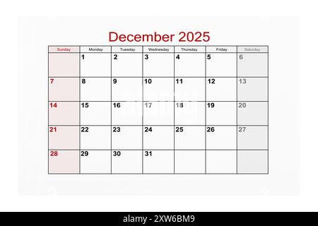 Dezember 2025 Kalenderseite für 2025 Jahre isoliert auf weißem Hintergrund. Stockfoto