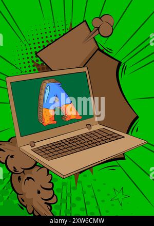 Cartoon Laptop, Comic Buch Notizbuch mit Buchstabe A. Retro Vektor Comics Pop Art Design. Stock Vektor