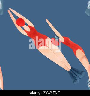 Nahtloses Muster mit schwebenden Frauen im Vintage-Stil. Schwimmen. Aquarellabbildung auf blauem Hintergrund Stockfoto